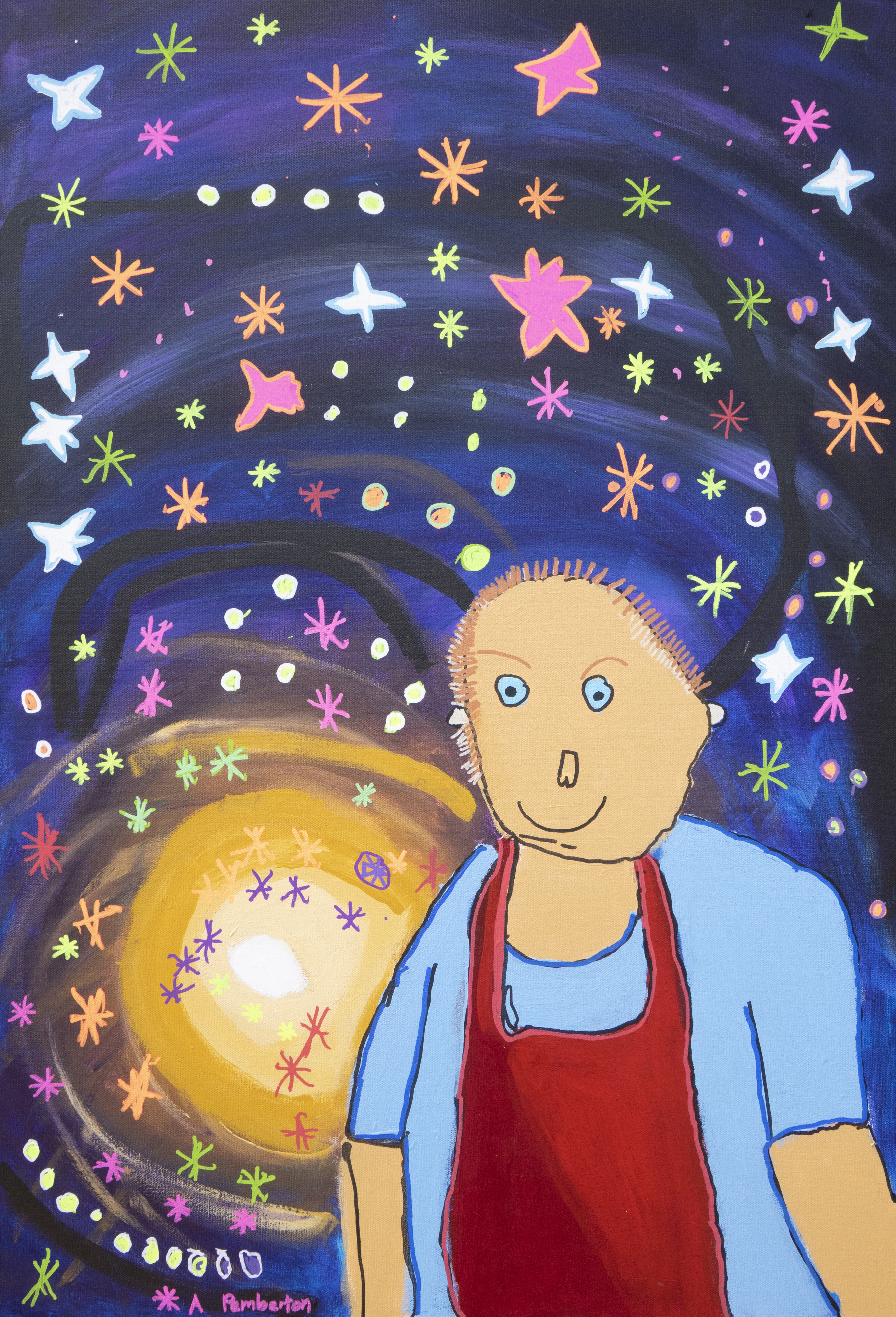 A painting of a man surrounded by colourful stars